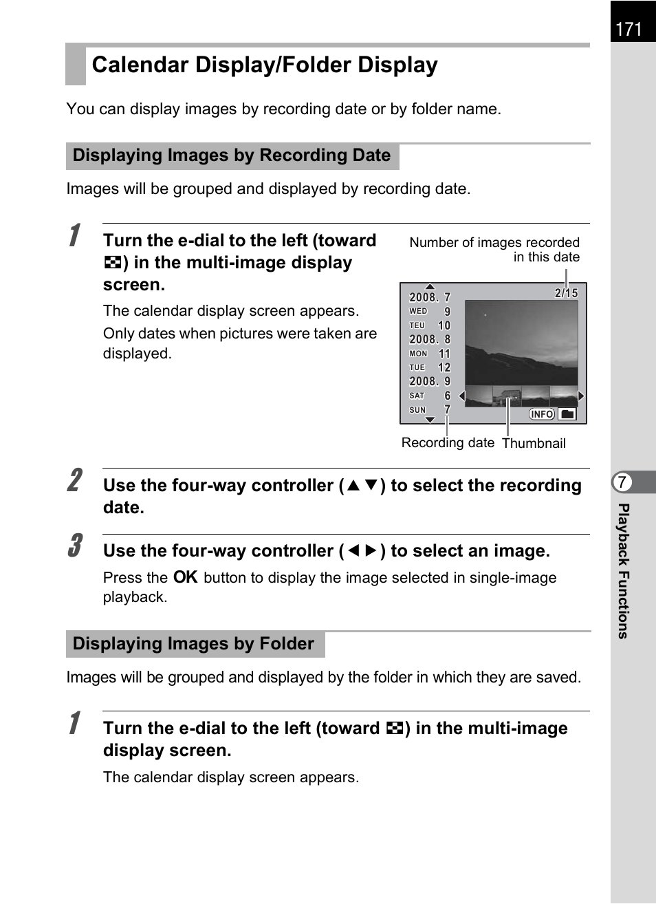 Calendar display/folder display | Pentax K-m/K2000 User Manual | Page 173 / 280