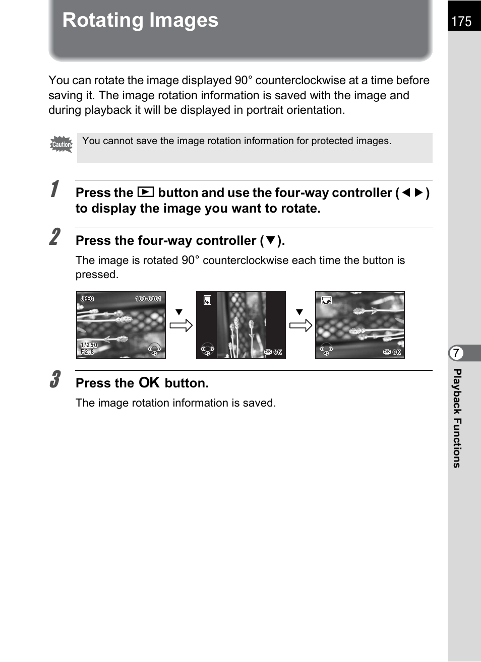 Rotating images, Press the four-way controller ( 3 ), Press the 4 button | Pentax K-m/K2000 User Manual | Page 177 / 280