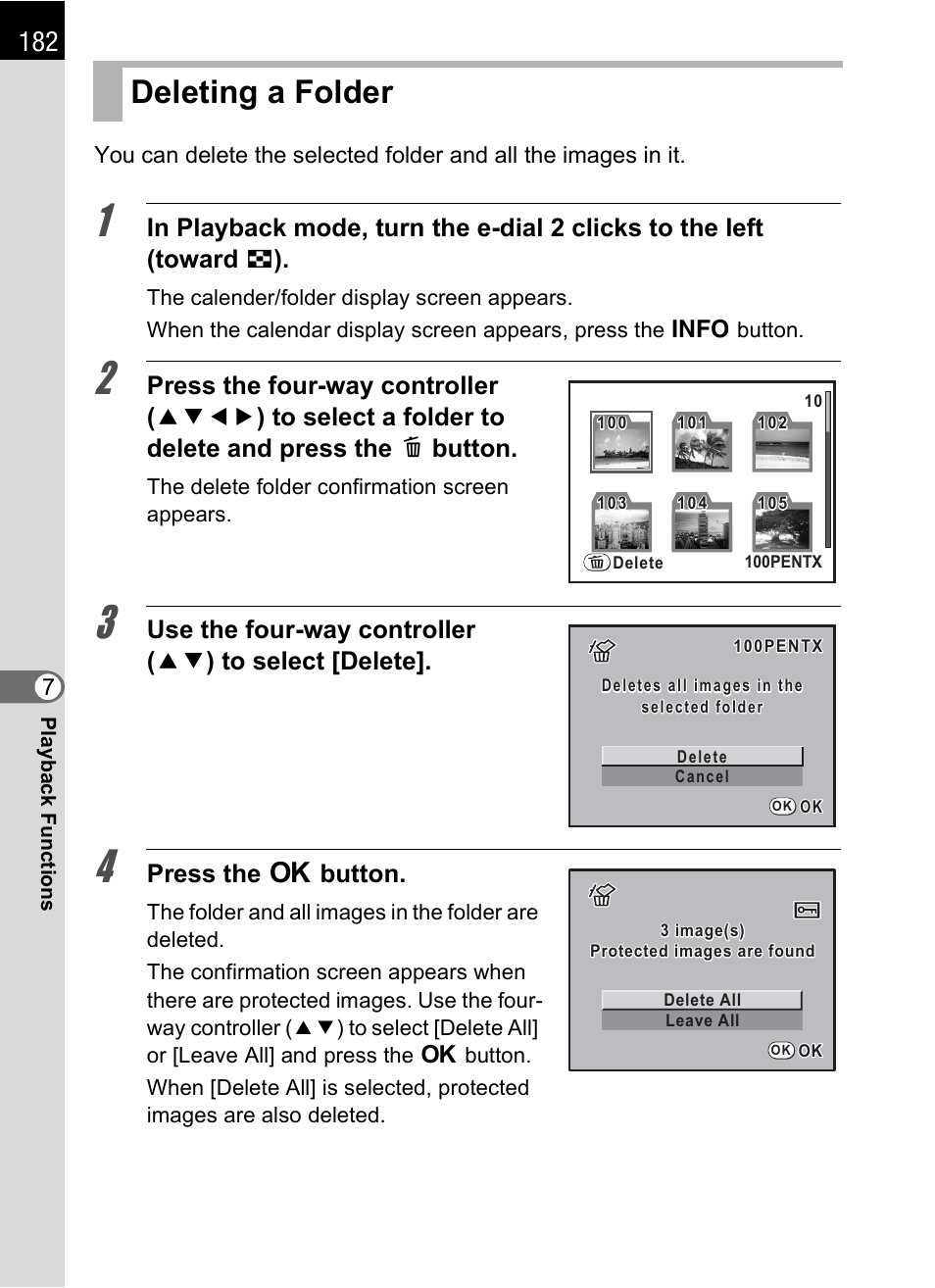 Deleting a folder, Press the 4 button | Pentax K-m/K2000 User Manual | Page 184 / 280