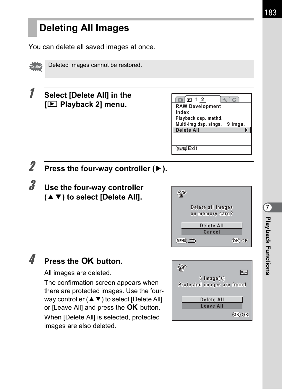 Deleting all images, P.183, Select [delete all] in the [ q playback 2] menu | Press the four-way controller ( 5 ), Press the 4 button | Pentax K-m/K2000 User Manual | Page 185 / 280