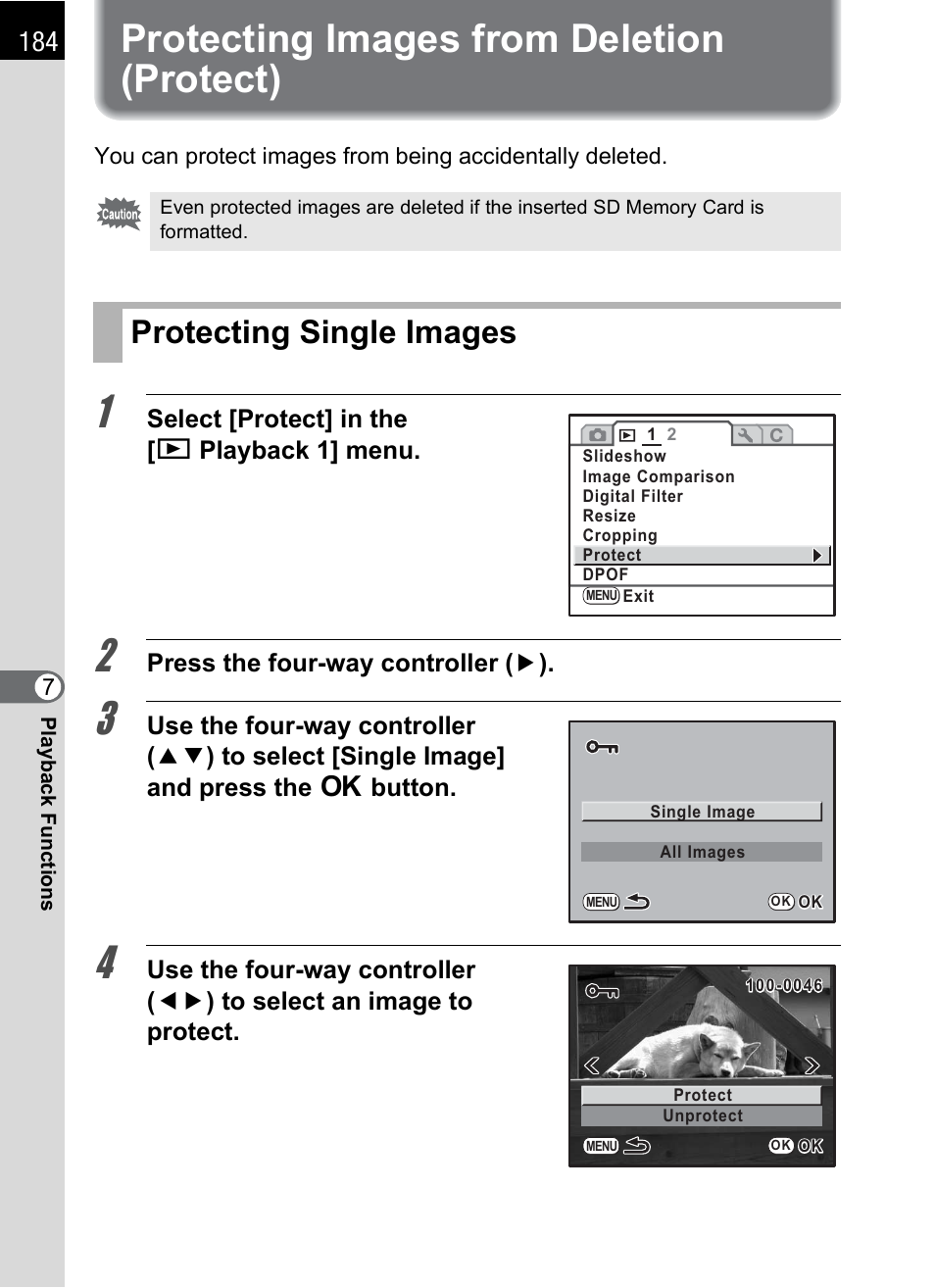 Protecting images from deletion (protect), Protecting single images, Ing (p.184) | P.184 | Pentax K-m/K2000 User Manual | Page 186 / 280