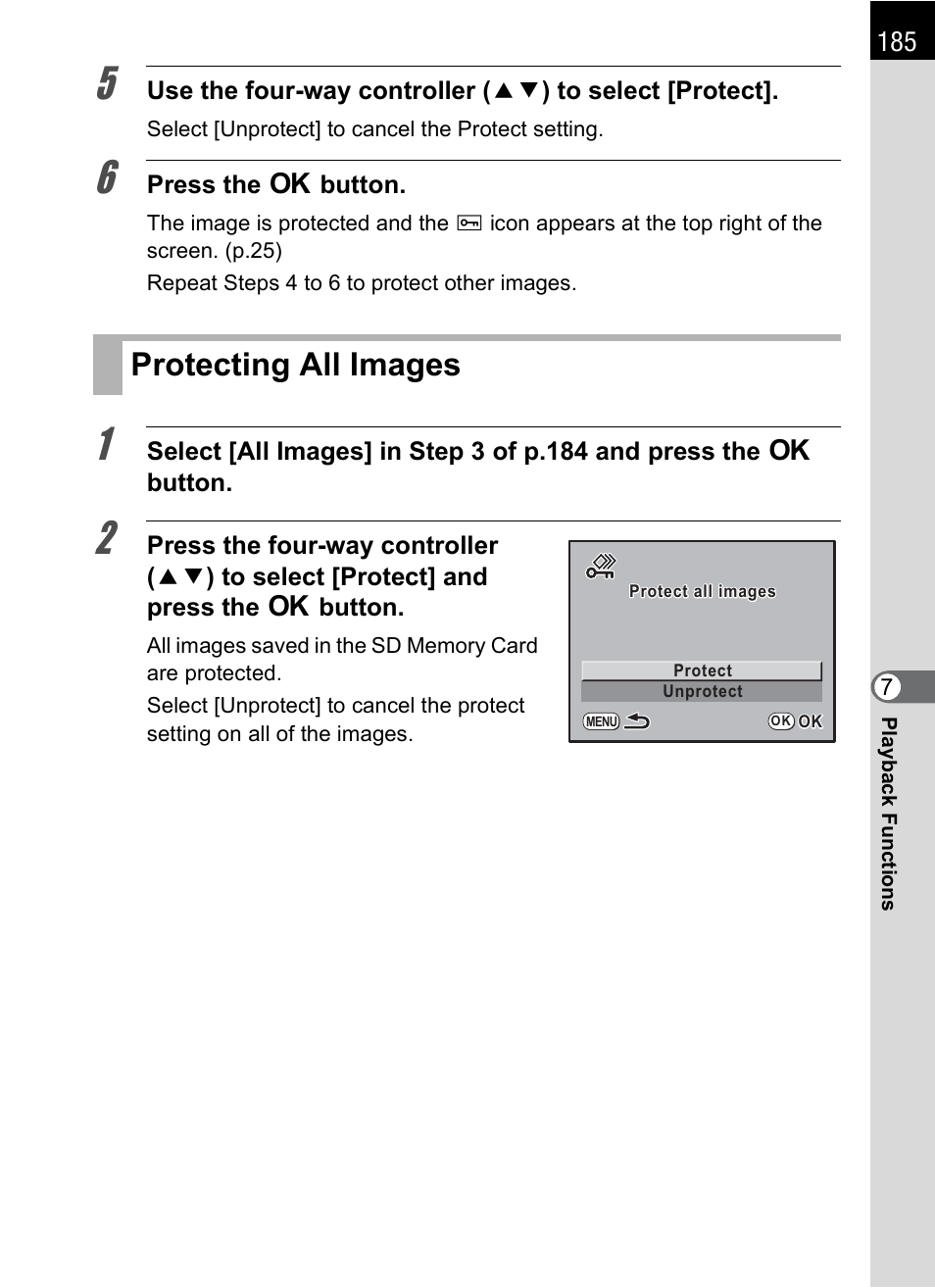 Protecting all images | Pentax K-m/K2000 User Manual | Page 187 / 280