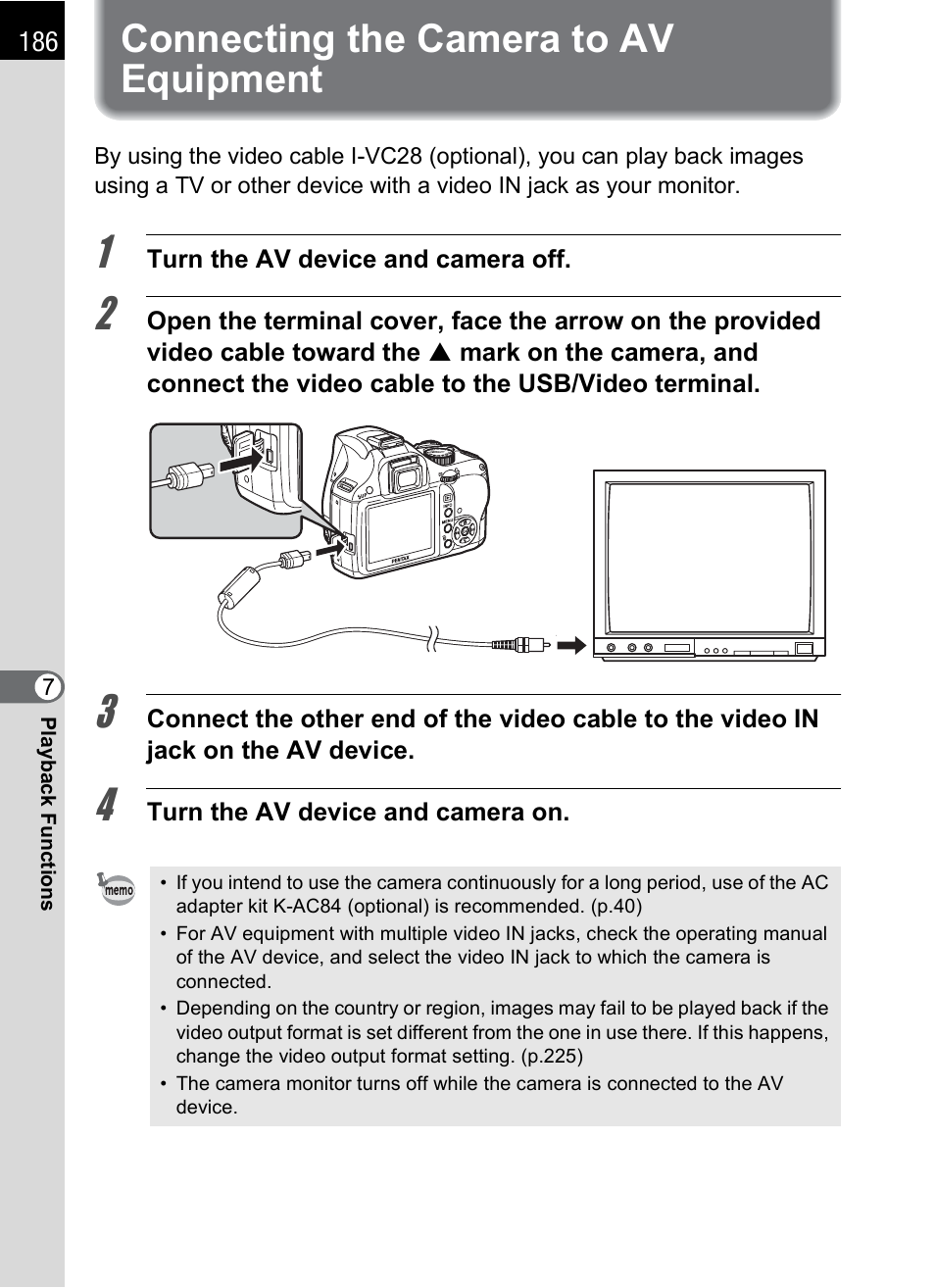 Connecting the camera to av equipment | Pentax K-m/K2000 User Manual | Page 188 / 280
