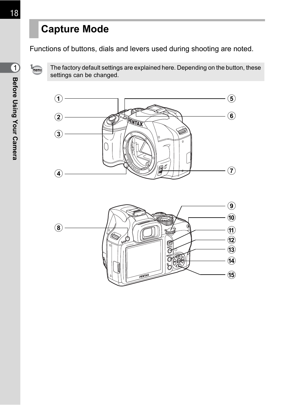 Capture mode | Pentax K-m/K2000 User Manual | Page 20 / 280