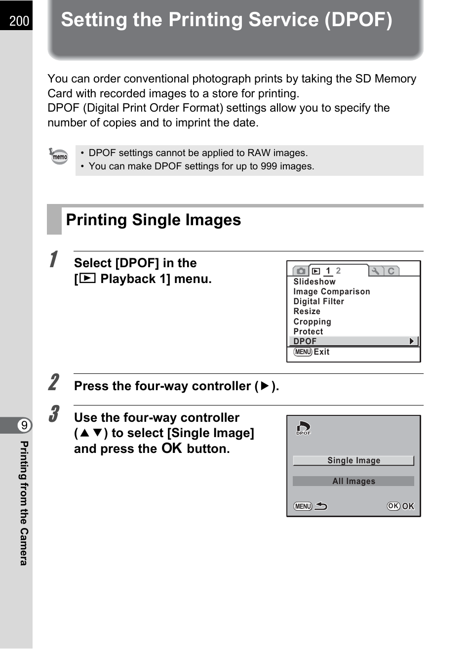 Setting the printing service (dpof), Printing single images, P.200) | P.200 | Pentax K-m/K2000 User Manual | Page 202 / 280