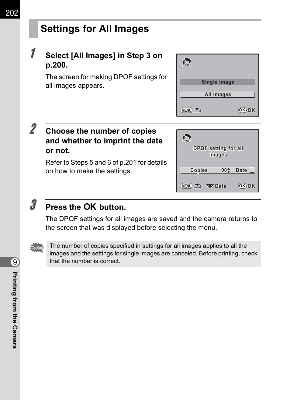 Settings for all images, Select [all images] in step 3 on p.200, Press the 4 button | Pentax K-m/K2000 User Manual | Page 204 / 280