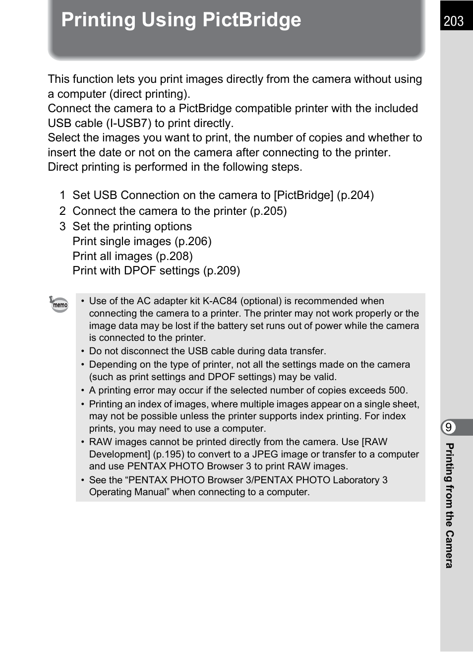 Printing using pictbridge | Pentax K-m/K2000 User Manual | Page 205 / 280