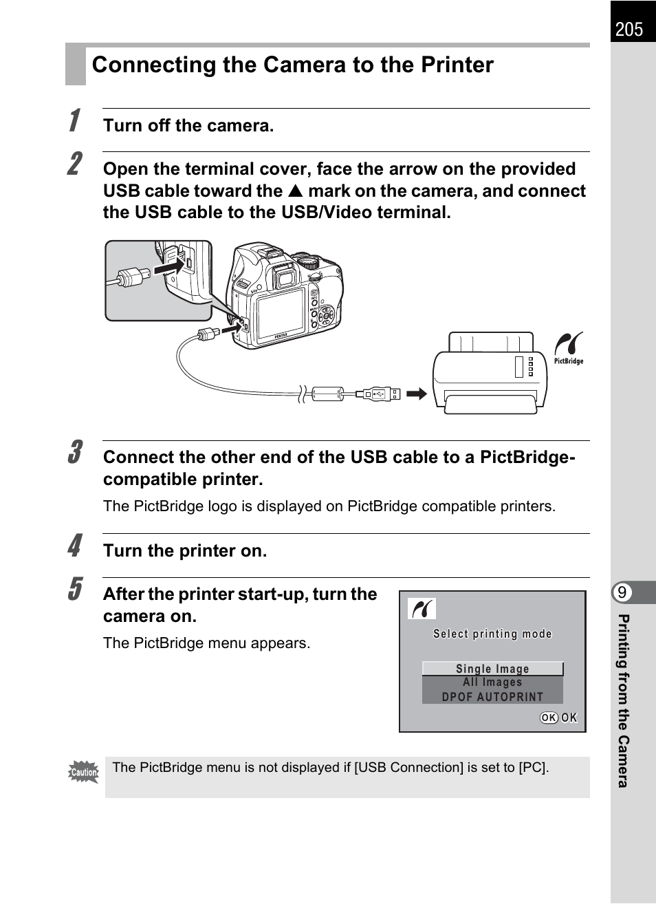 Connecting the camera to the printer, P.205 | Pentax K-m/K2000 User Manual | Page 207 / 280