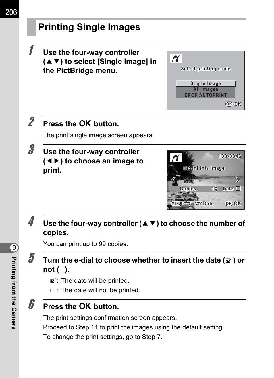 Printing single images, S (p.206) | Pentax K-m/K2000 User Manual | Page 208 / 280