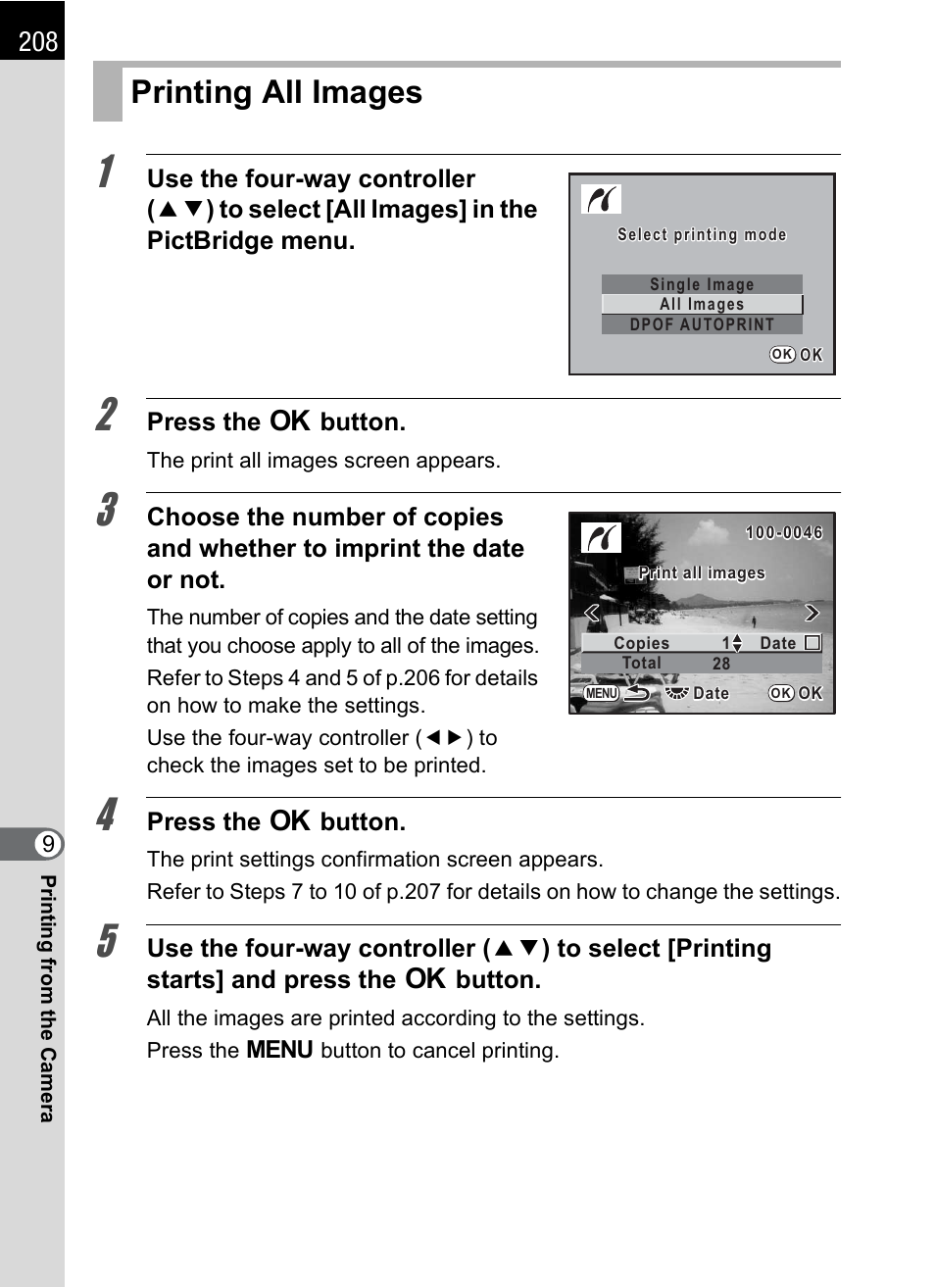 Printing all images, P.208) | Pentax K-m/K2000 User Manual | Page 210 / 280