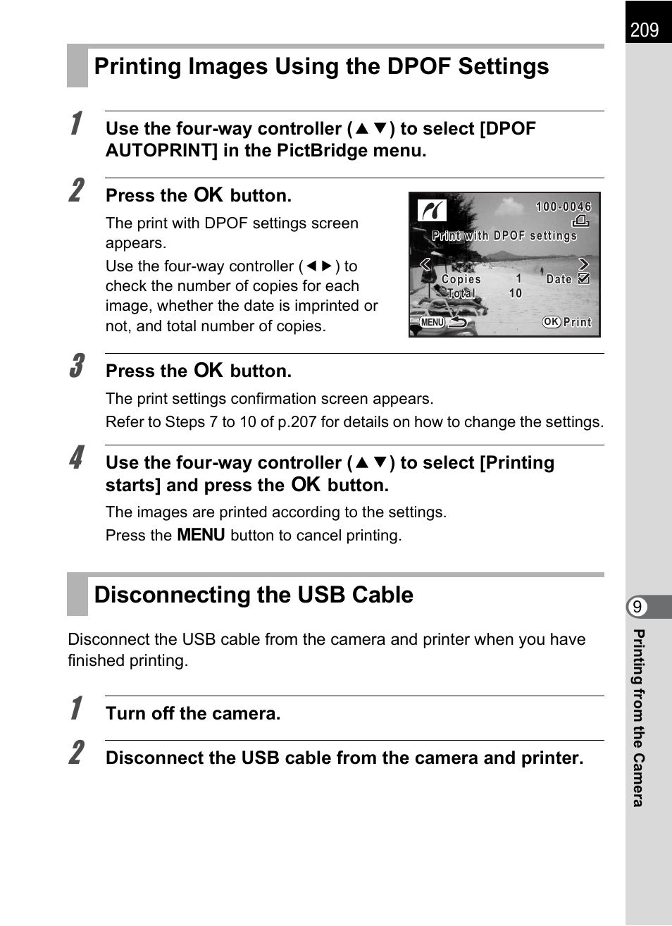 Printing images using the dpof settings, Disconnecting the usb cable, P.209) | Pentax K-m/K2000 User Manual | Page 211 / 280