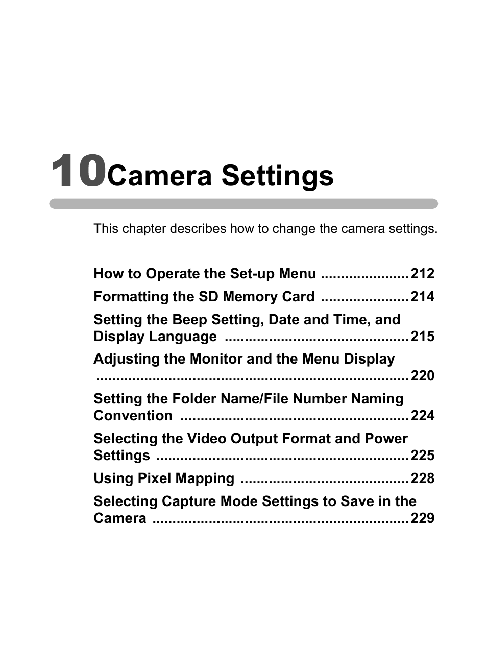 10 camera settings, Camera settings | Pentax K-m/K2000 User Manual | Page 213 / 280