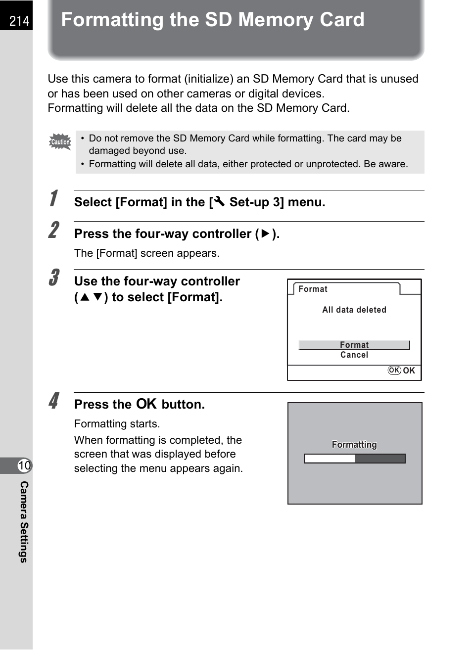 Formatting the sd memory card, P.214 | Pentax K-m/K2000 User Manual | Page 216 / 280