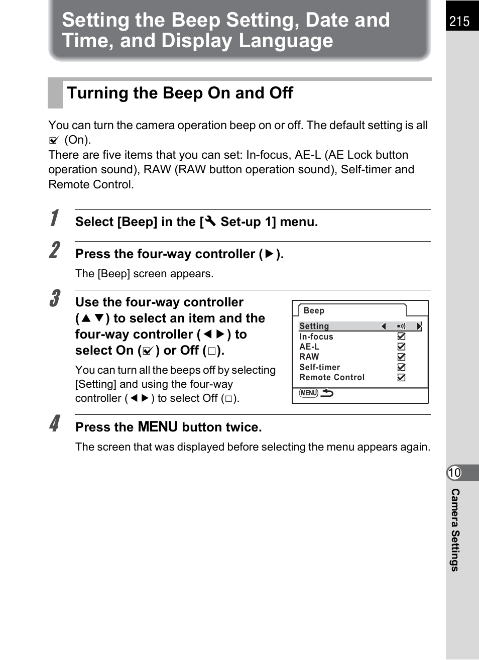 Turning the beep on and off, Language, P.215 | P.215) | Pentax K-m/K2000 User Manual | Page 217 / 280
