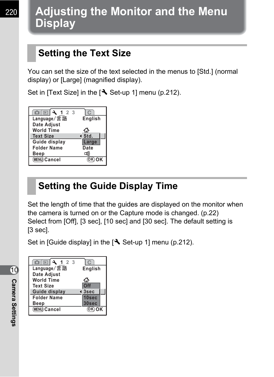 Adjusting the monitor and the menu display, Setting the text size, Setting the guide display time | P.220 | Pentax K-m/K2000 User Manual | Page 222 / 280