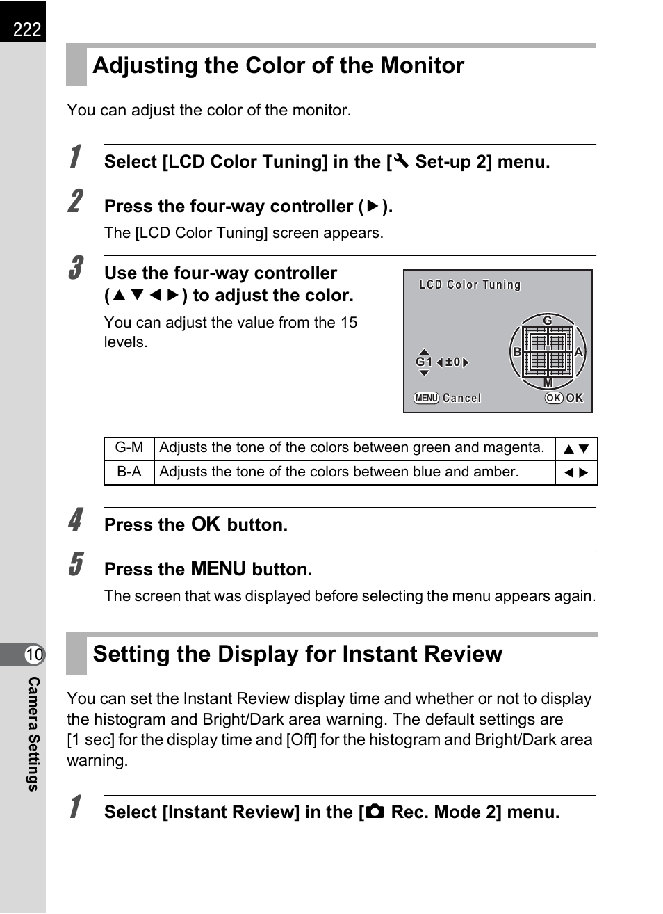 Adjusting the color of the monitor, Setting the display for instant review, P.222) | Setting the display for instant review (p.222), Setting the display for instant, Review (p.222), P.222 | Pentax K-m/K2000 User Manual | Page 224 / 280