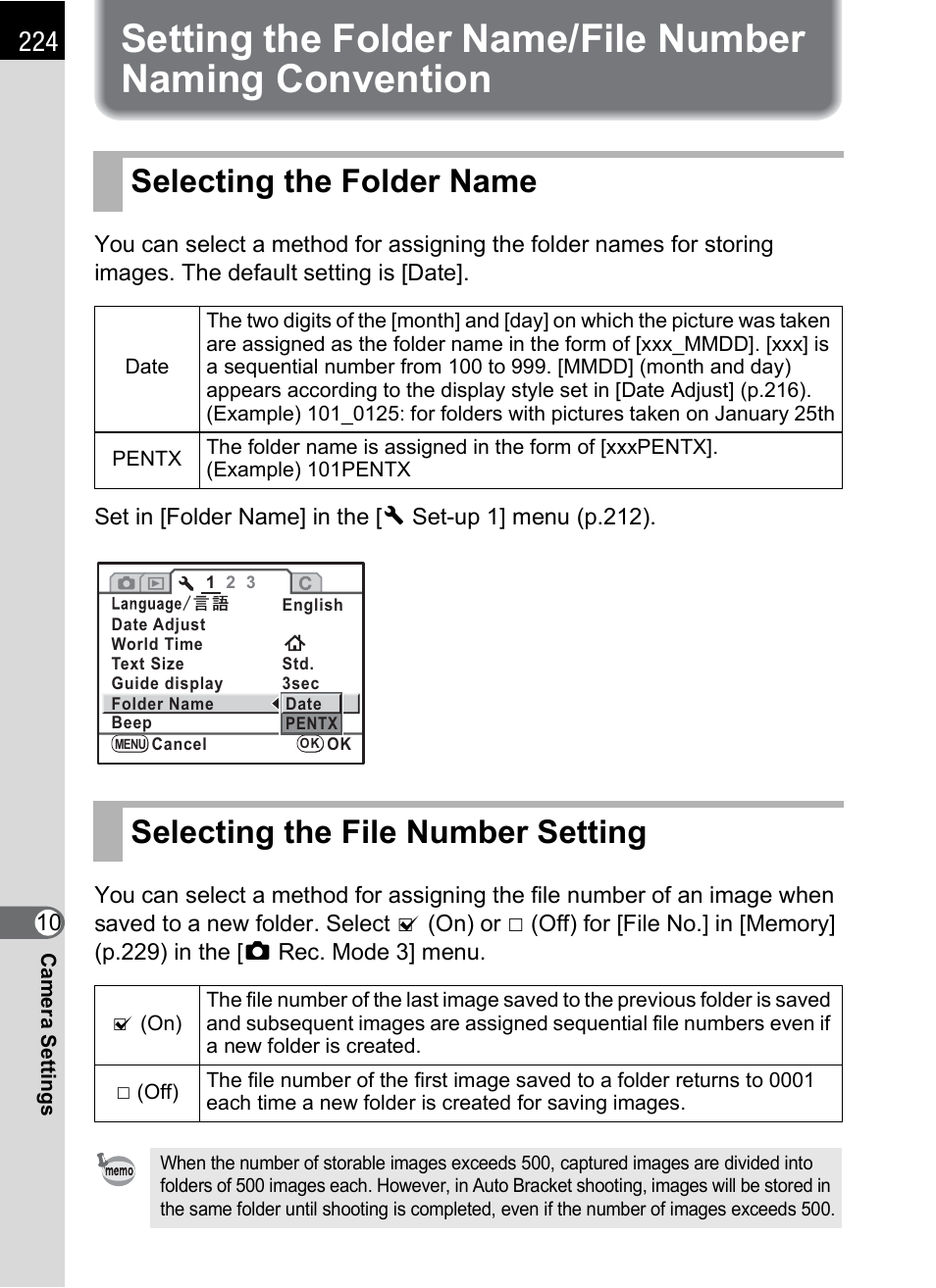 Selecting the folder name, Selecting the file number setting, P.224) | P.224 | Pentax K-m/K2000 User Manual | Page 226 / 280