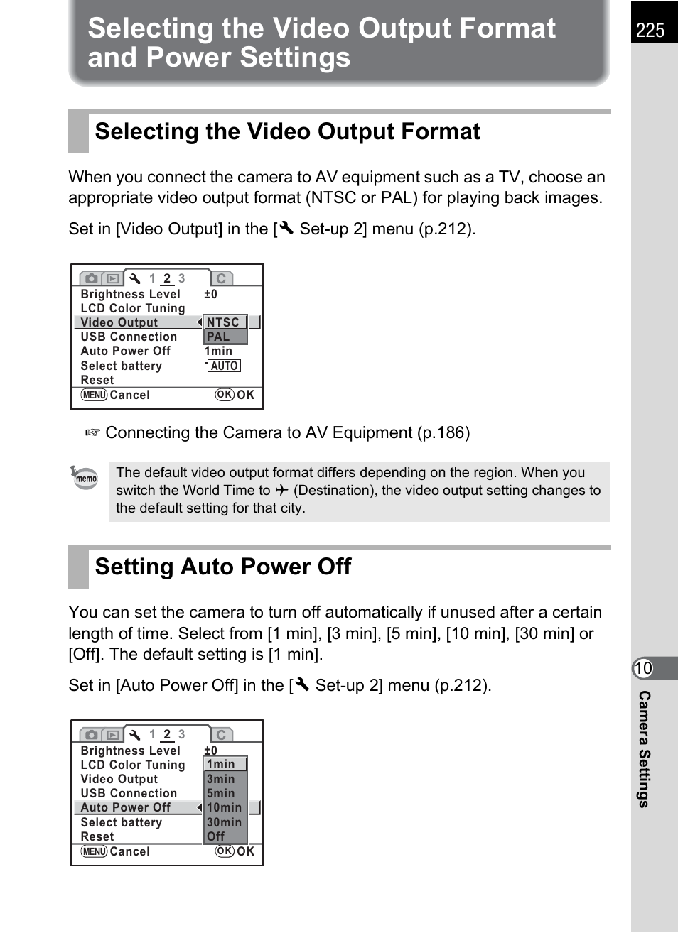 Selecting the video output format, Setting auto power off, P.225 | Pentax K-m/K2000 User Manual | Page 227 / 280