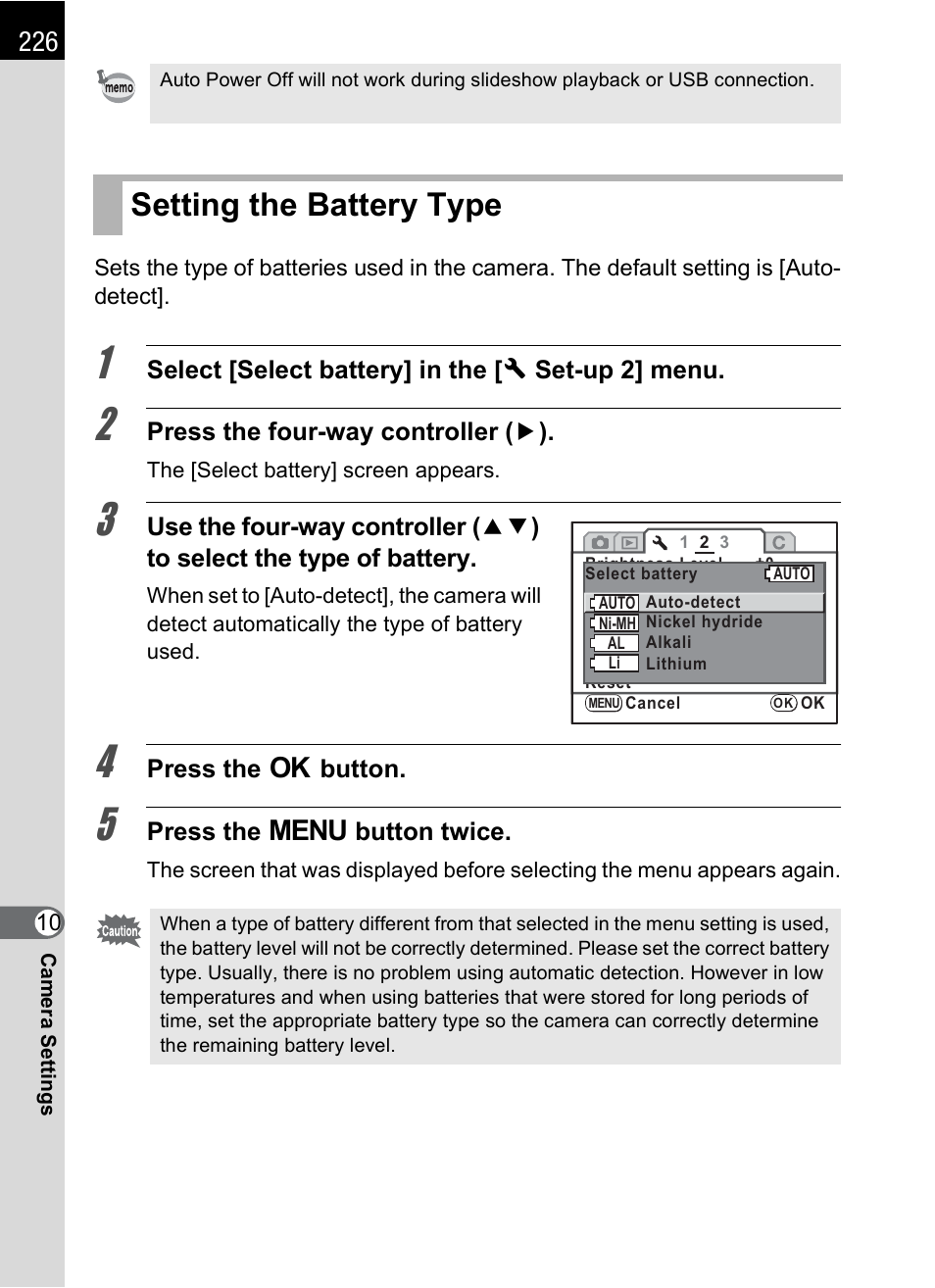 Setting the battery type, P.226 | Pentax K-m/K2000 User Manual | Page 228 / 280