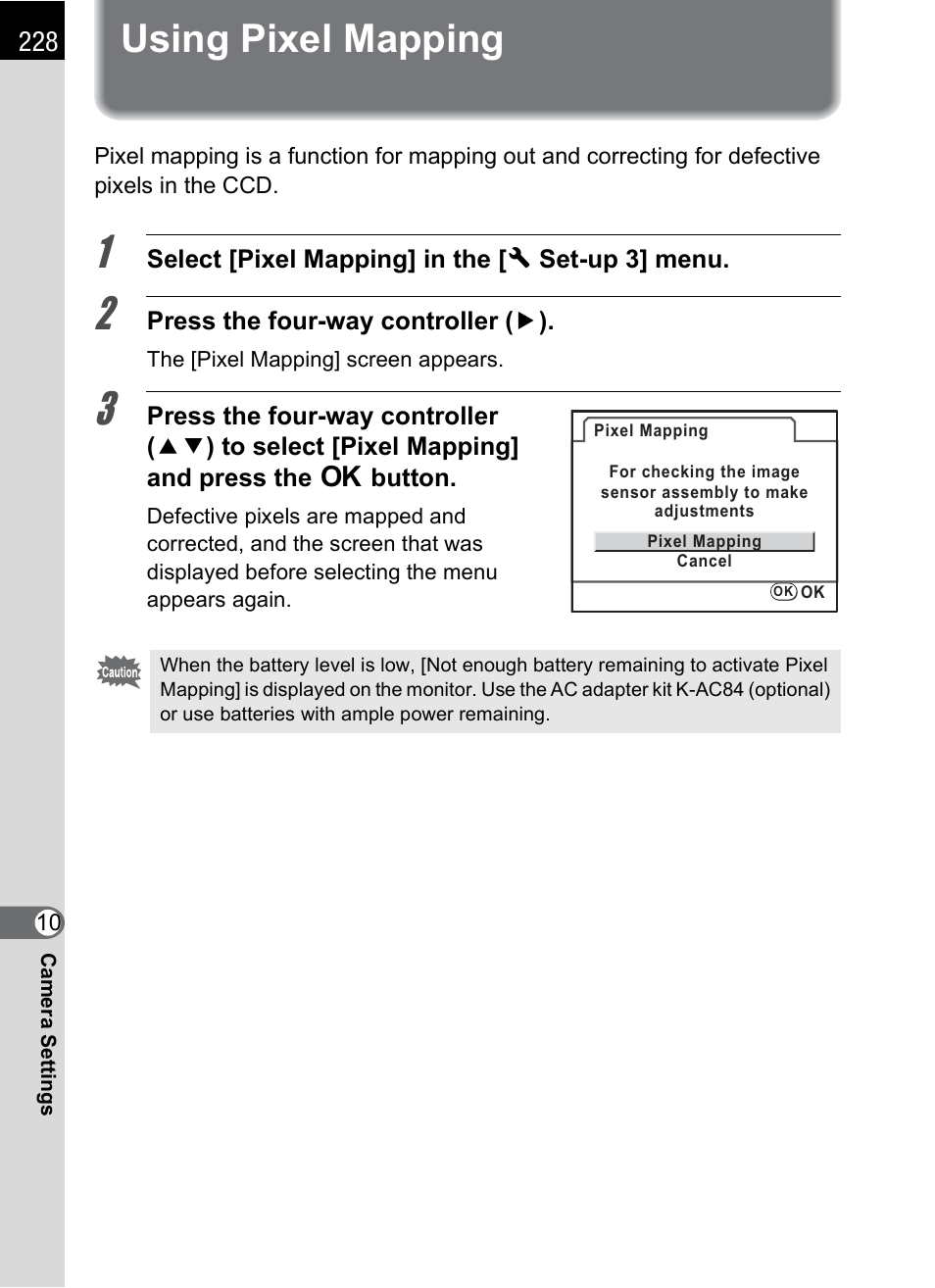 Using pixel mapping, P.228 | Pentax K-m/K2000 User Manual | Page 230 / 280