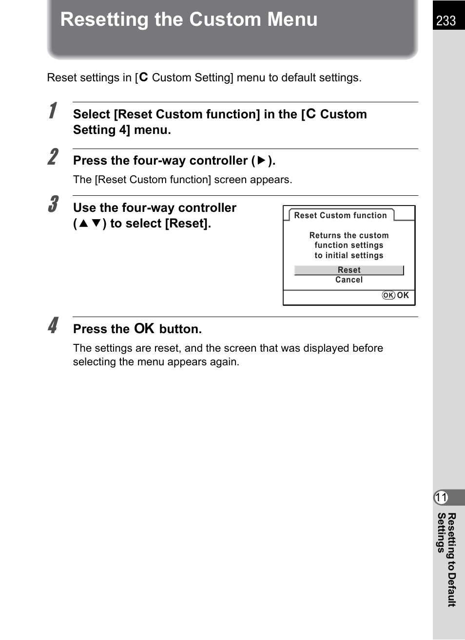 Resetting the custom menu, P.233 | Pentax K-m/K2000 User Manual | Page 235 / 280