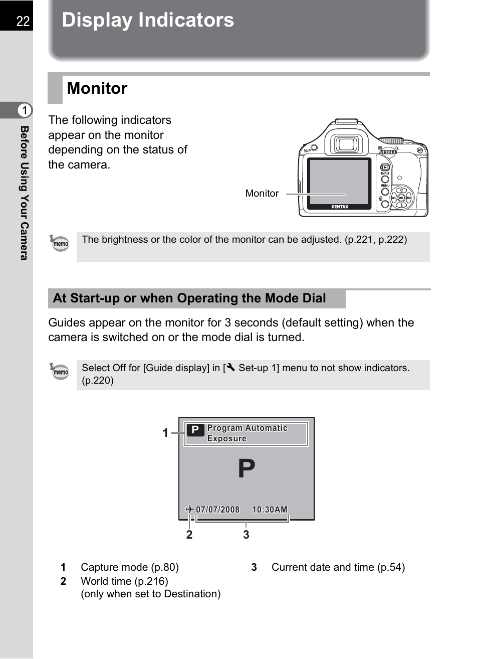 Display indicators, Monitor | Pentax K-m/K2000 User Manual | Page 24 / 280