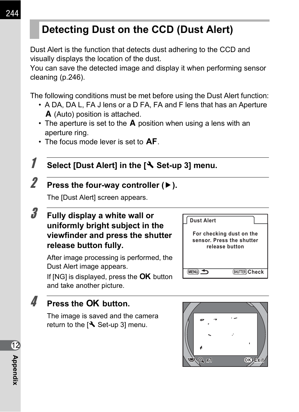 Detecting dust on the ccd (dust alert), P.244 | Pentax K-m/K2000 User Manual | Page 246 / 280