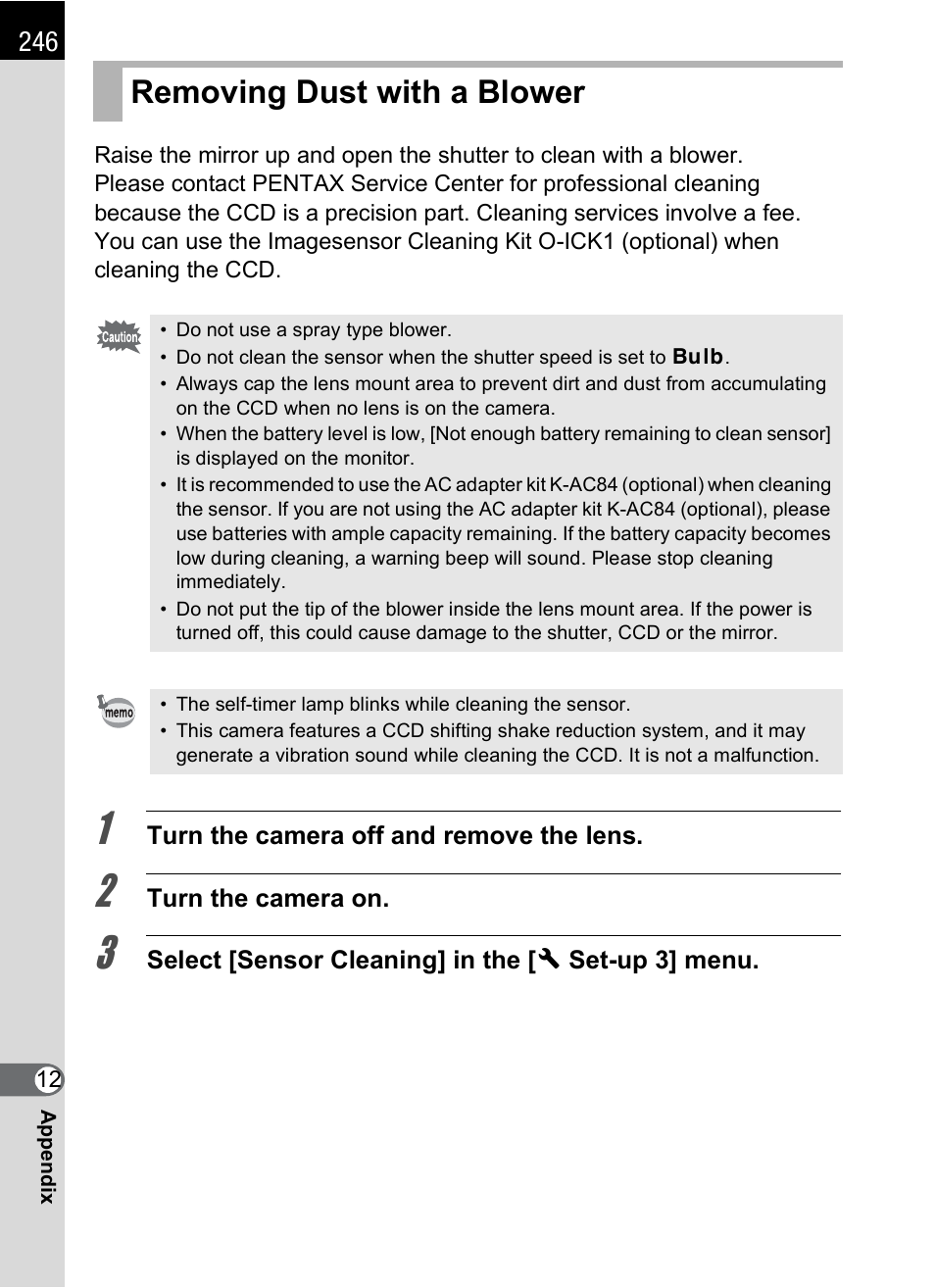 Removing dust with a blower, P.246 | Pentax K-m/K2000 User Manual | Page 248 / 280