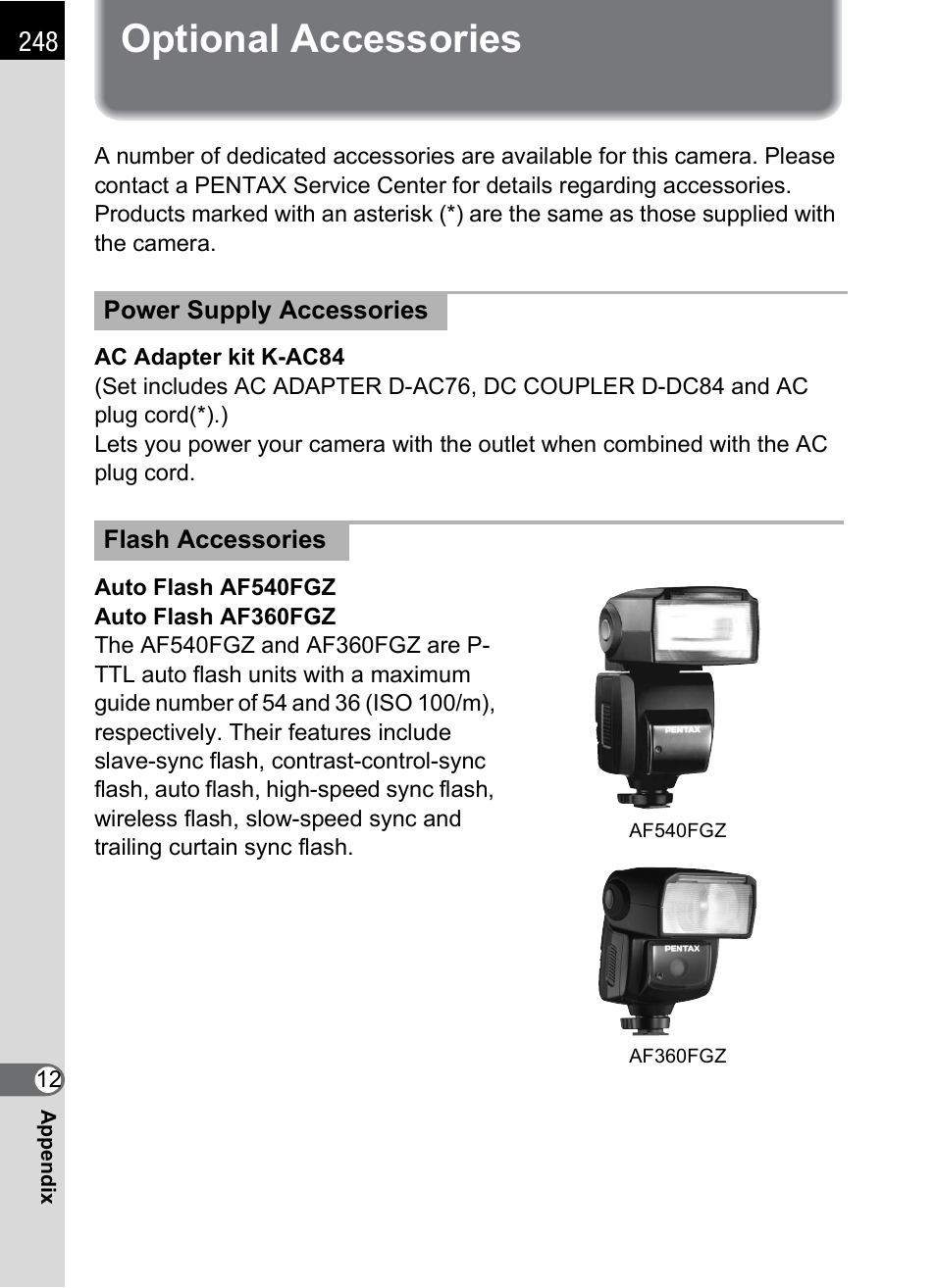 Optional accessories | Pentax K-m/K2000 User Manual | Page 250 / 280