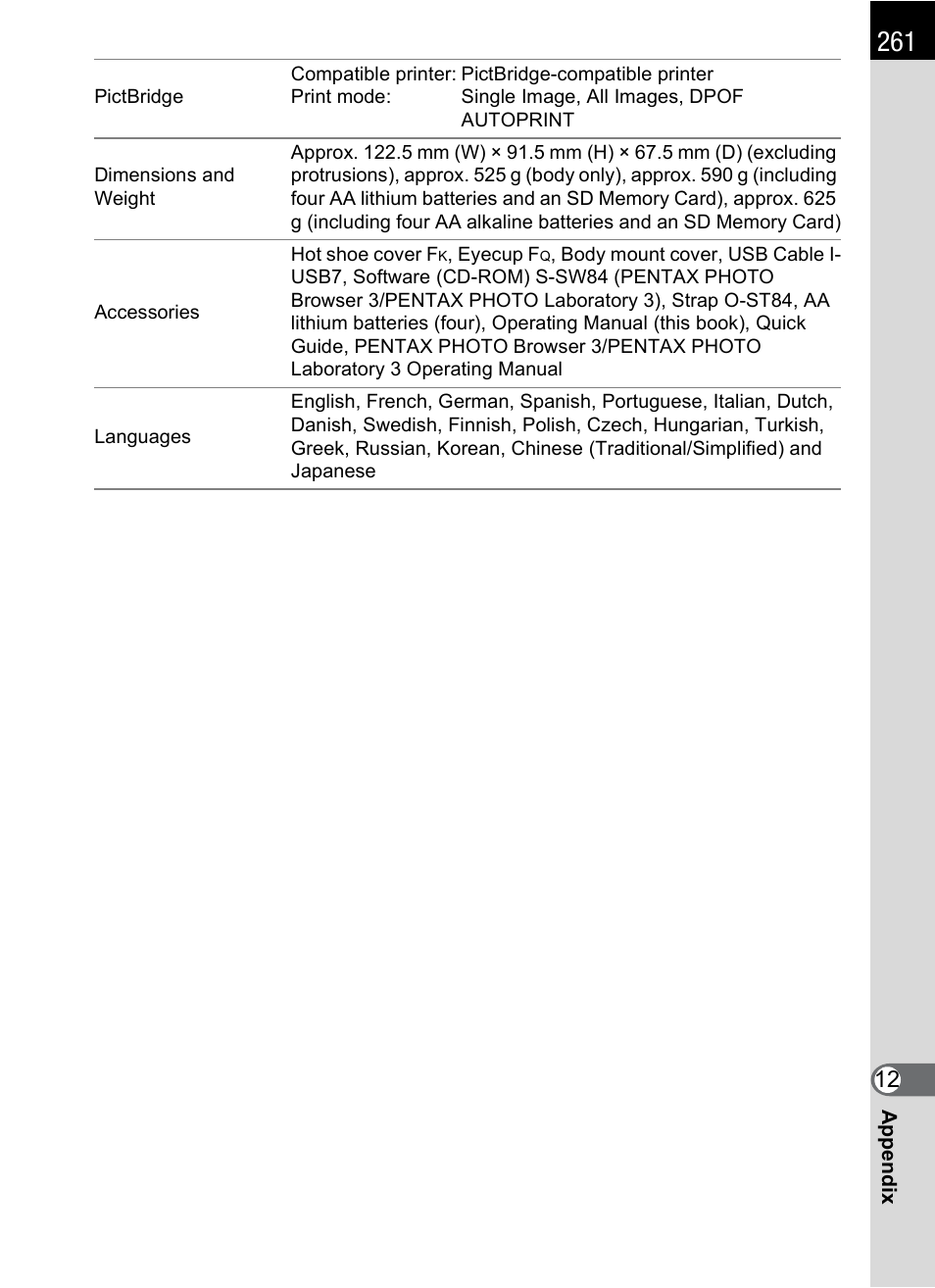 Pentax K-m/K2000 User Manual | Page 263 / 280