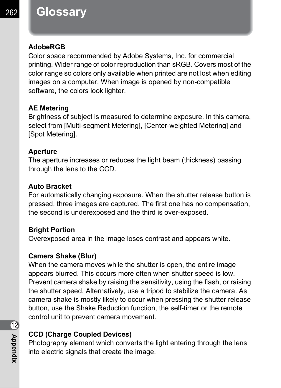 Glossary | Pentax K-m/K2000 User Manual | Page 264 / 280