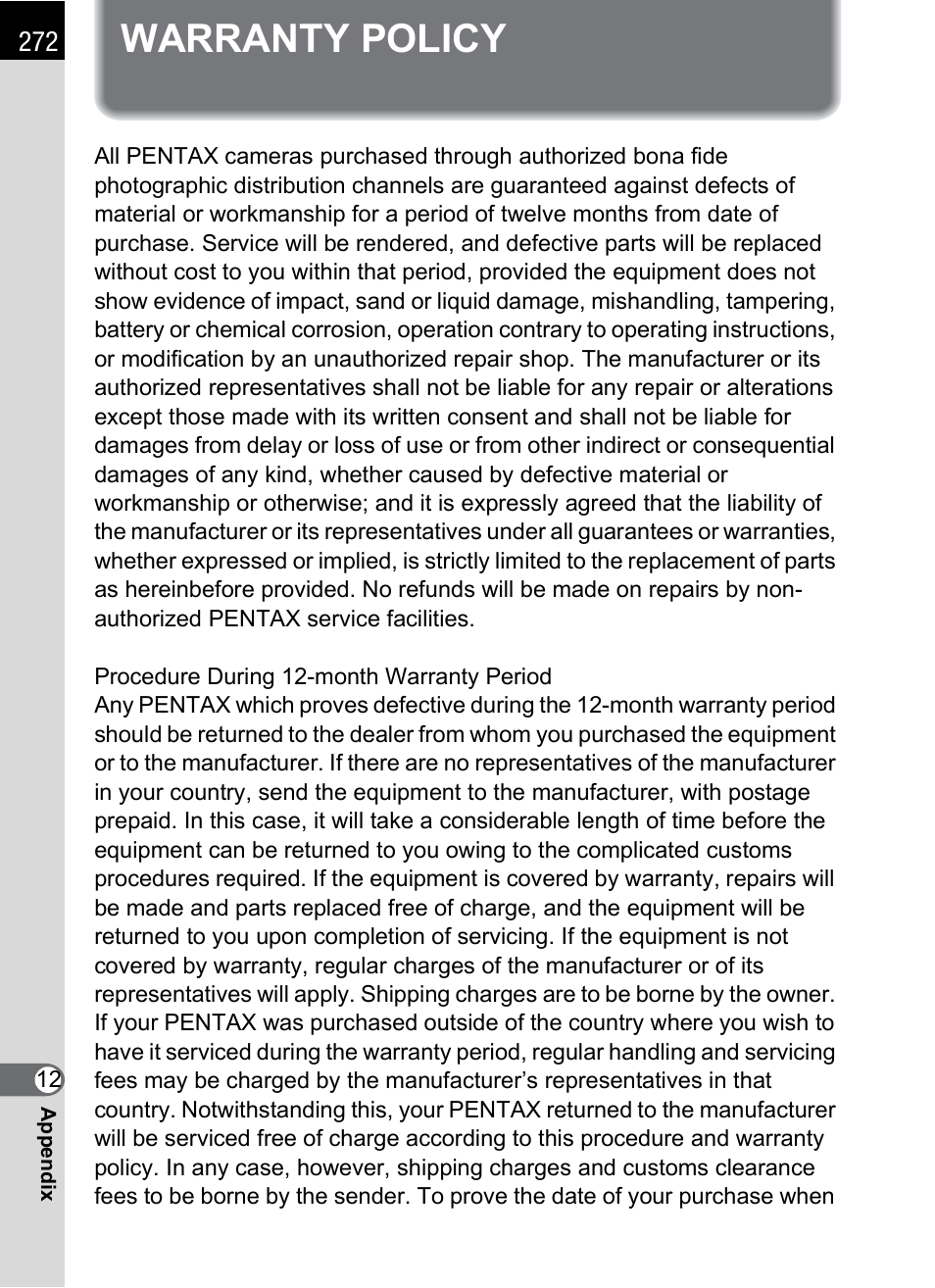 Warranty policy | Pentax K-m/K2000 User Manual | Page 274 / 280