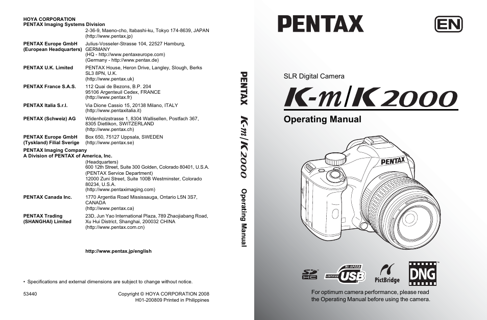 Operating manual | Pentax K-m/K2000 User Manual | Page 280 / 280