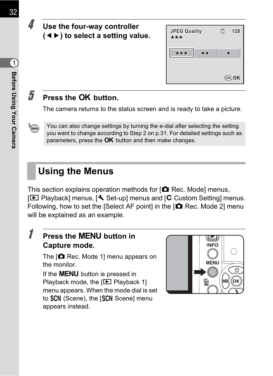 Using the menus | Pentax K-m/K2000 User Manual | Page 34 / 280