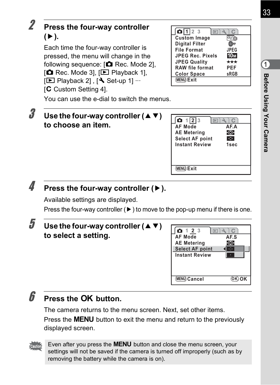 Press the four-way controller ( 5 ), Press the 4 button | Pentax K-m/K2000 User Manual | Page 35 / 280