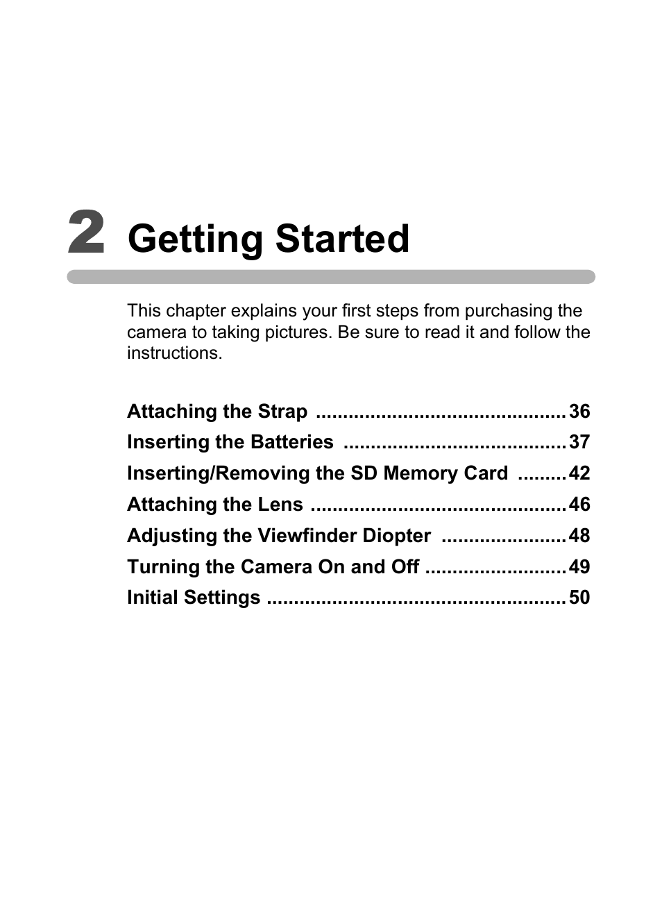 2 getting started, Getting started | Pentax K-m/K2000 User Manual | Page 37 / 280