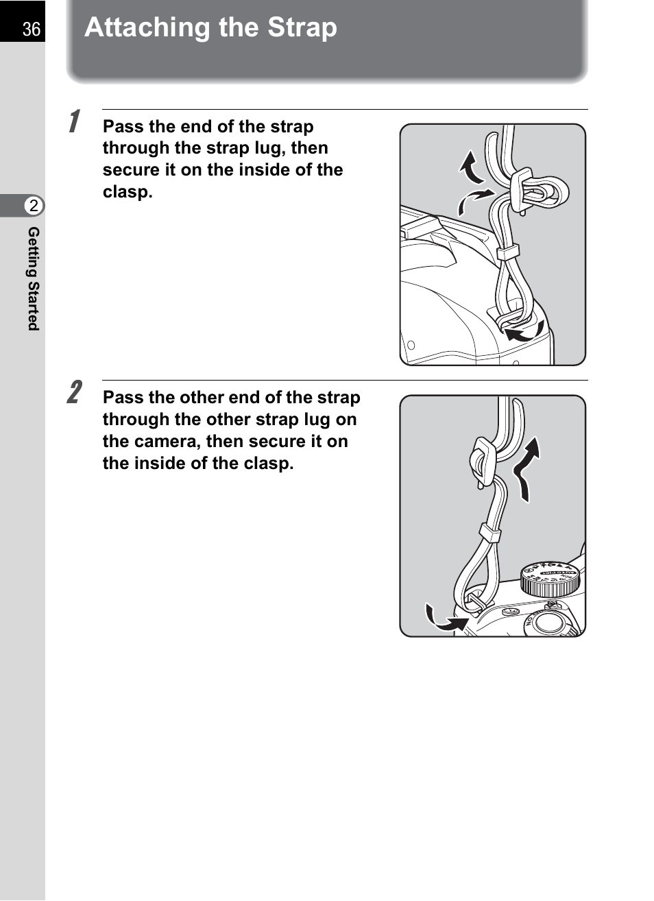 Attaching the strap | Pentax K-m/K2000 User Manual | Page 38 / 280