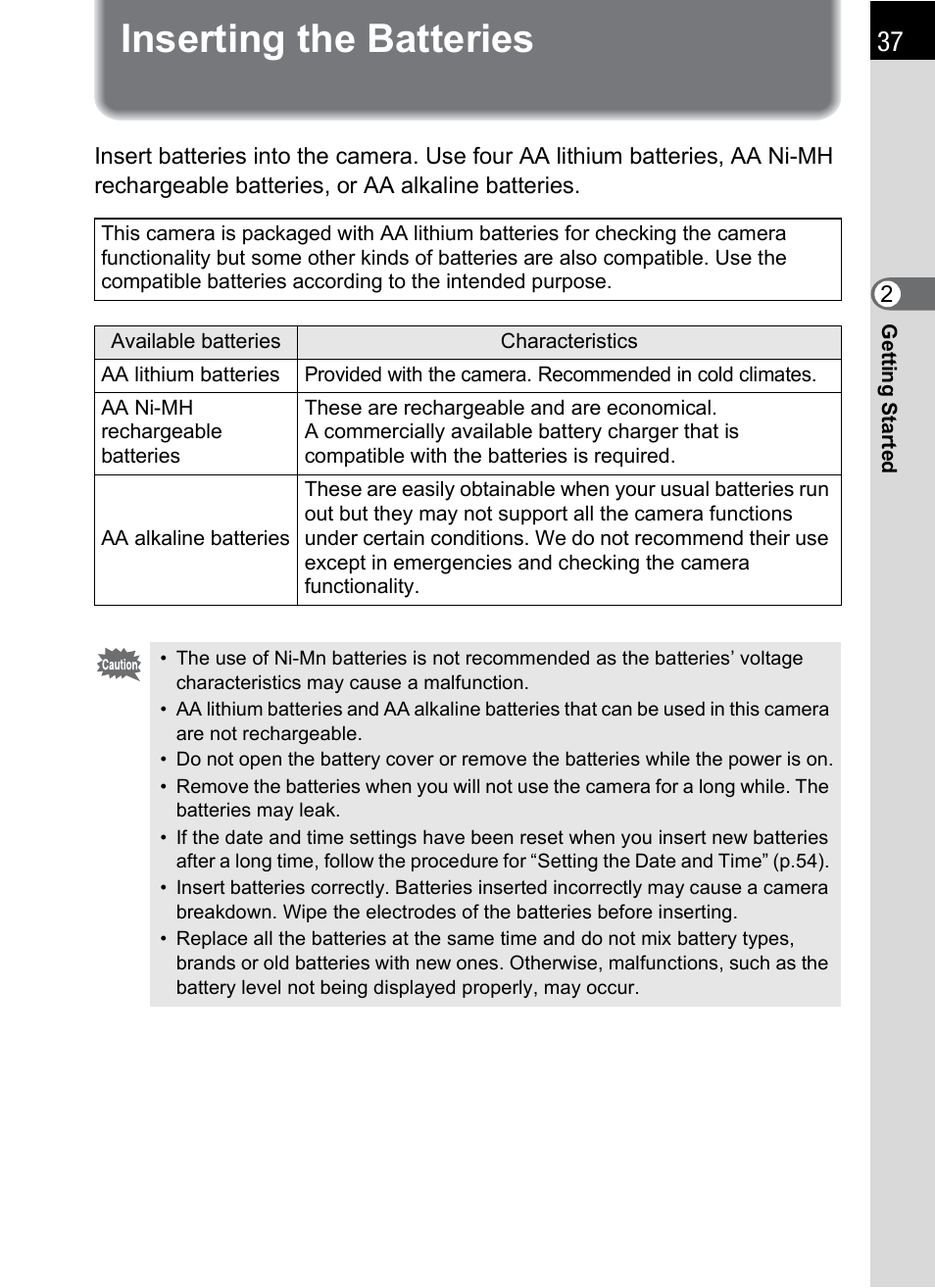 Inserting the batteries | Pentax K-m/K2000 User Manual | Page 39 / 280