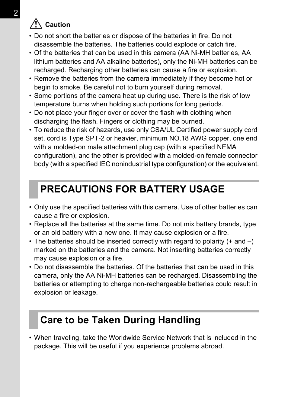 Precautions for battery usage, Care to be taken during handling | Pentax K-m/K2000 User Manual | Page 4 / 280