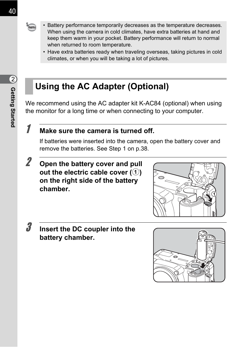 Using the ac adapter (optional) | Pentax K-m/K2000 User Manual | Page 42 / 280