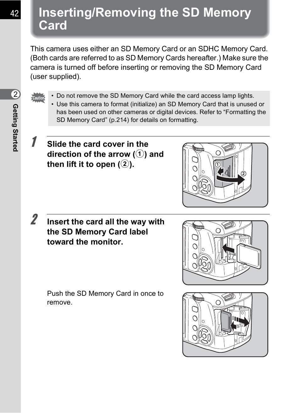 Inserting/removing the sd memory card | Pentax K-m/K2000 User Manual | Page 44 / 280