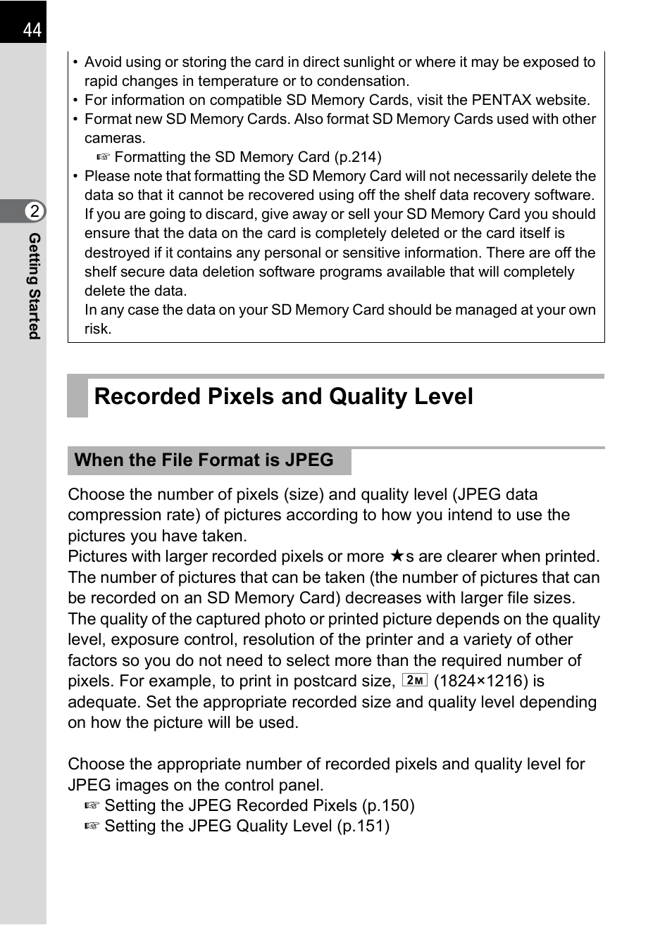 Recorded pixels and quality level | Pentax K-m/K2000 User Manual | Page 46 / 280