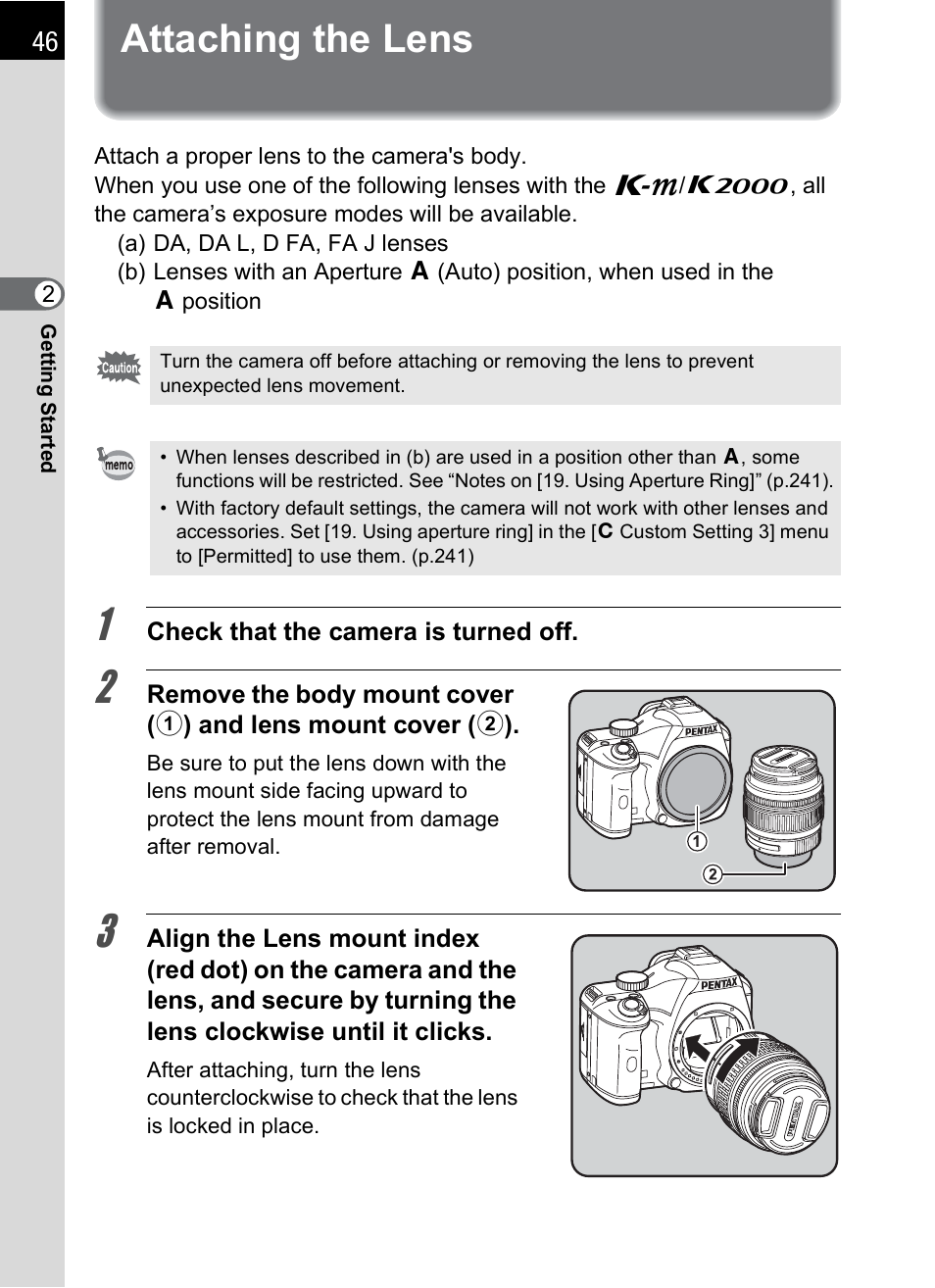 Attaching the lens | Pentax K-m/K2000 User Manual | Page 48 / 280