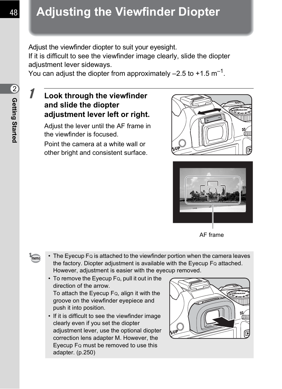 Adjusting the viewfinder diopter, E (p.48) | Pentax K-m/K2000 User Manual | Page 50 / 280