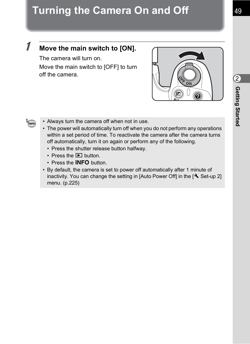 Turning the camera on and off, P.49) | Pentax K-m/K2000 User Manual | Page 51 / 280
