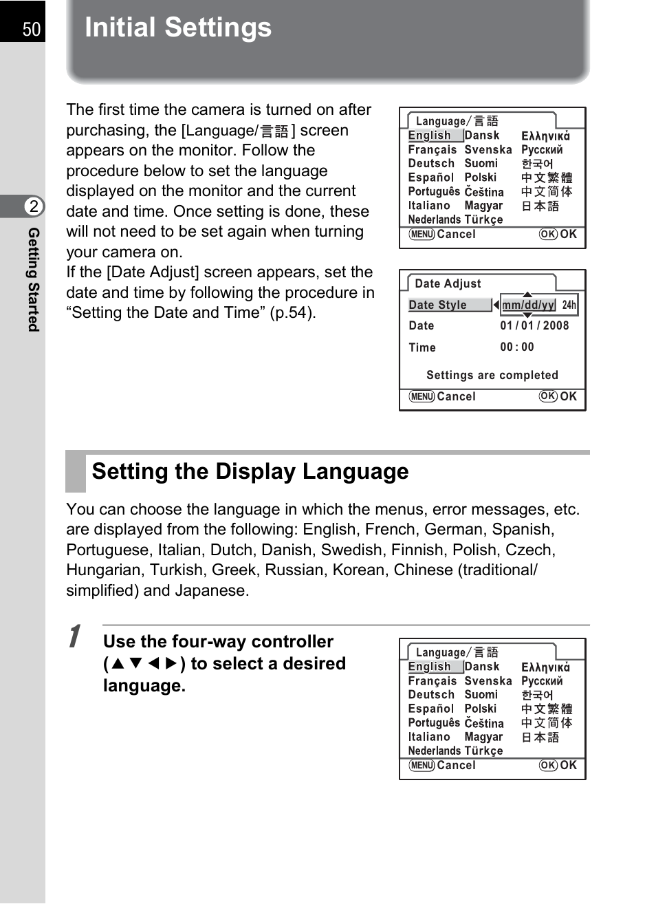 Initial settings, Setting the display language | Pentax K-m/K2000 User Manual | Page 52 / 280