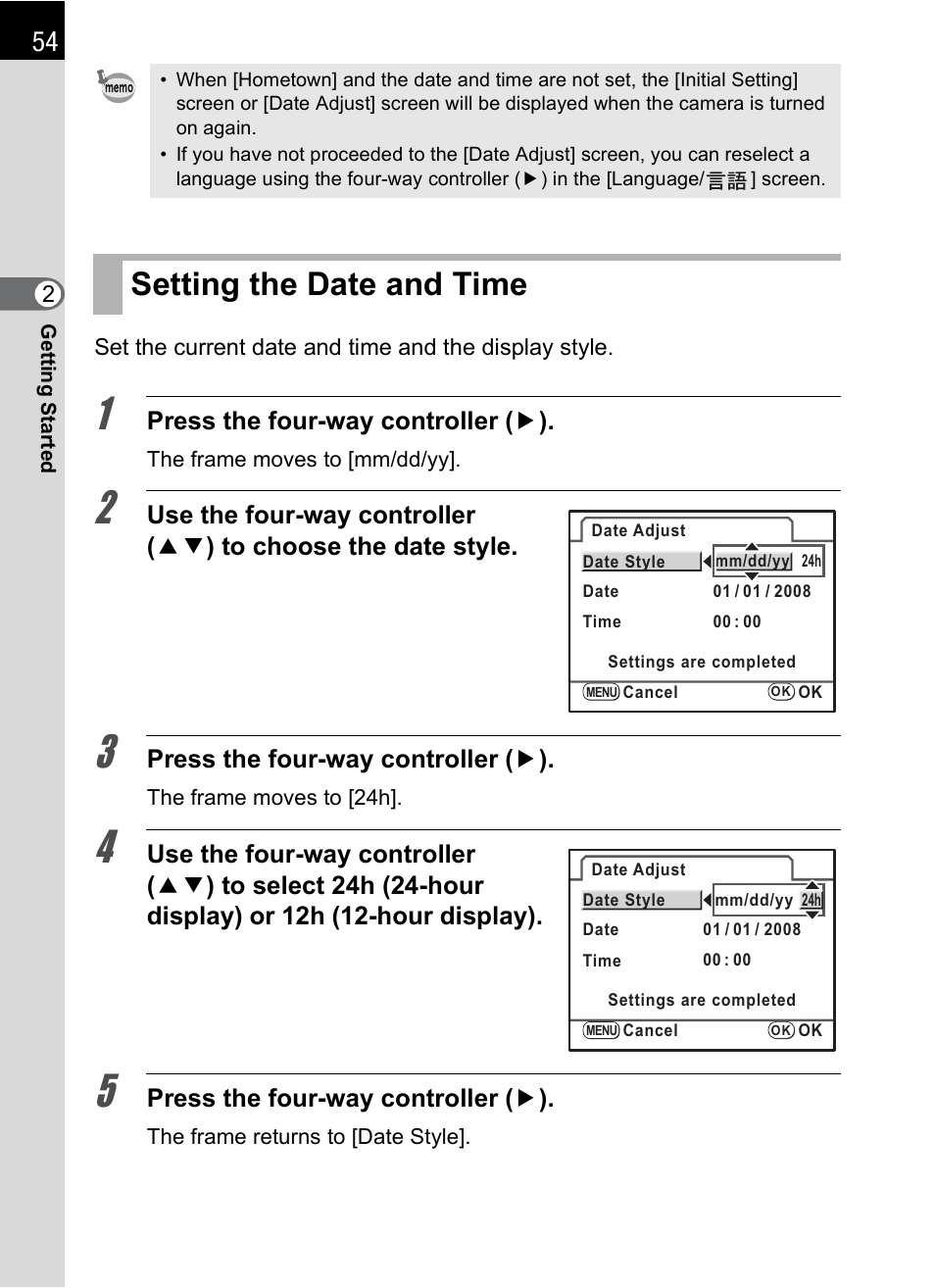 Setting the date and time, P.54), Press the four-way controller ( 5 ) | Pentax K-m/K2000 User Manual | Page 56 / 280