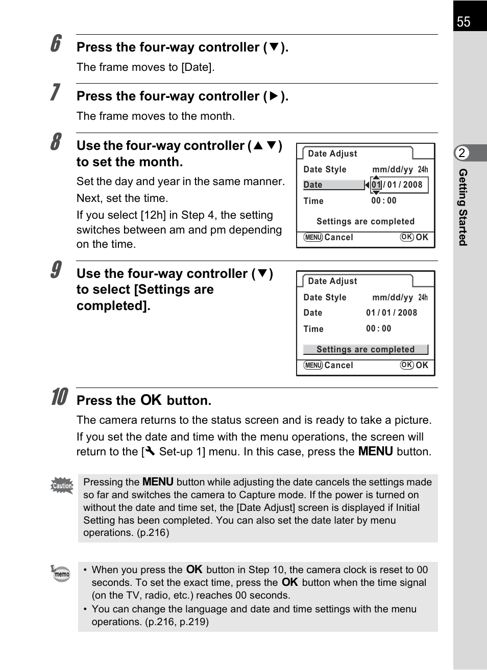 Press the four-way controller ( 3 ), Press the four-way controller ( 5 ), Press the 4 button | Pentax K-m/K2000 User Manual | Page 57 / 280