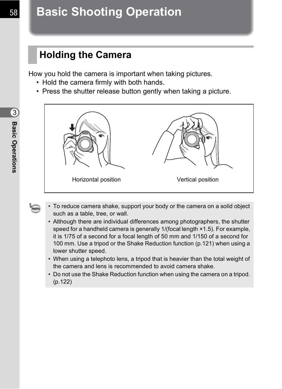 Basic shooting operation, Holding the camera | Pentax K-m/K2000 User Manual | Page 60 / 280
