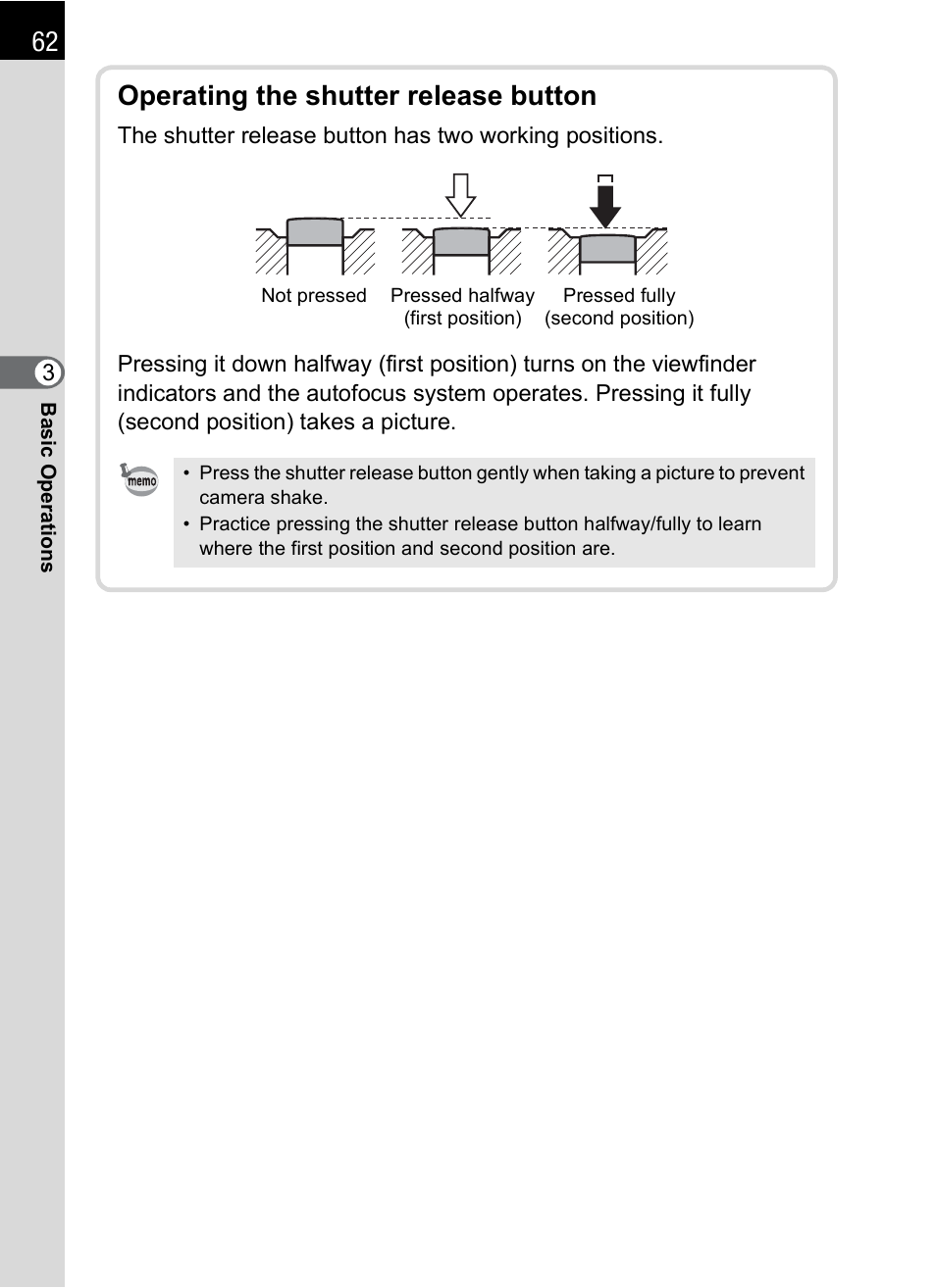 P.62), Operating the shutter release button | Pentax K-m/K2000 User Manual | Page 64 / 280
